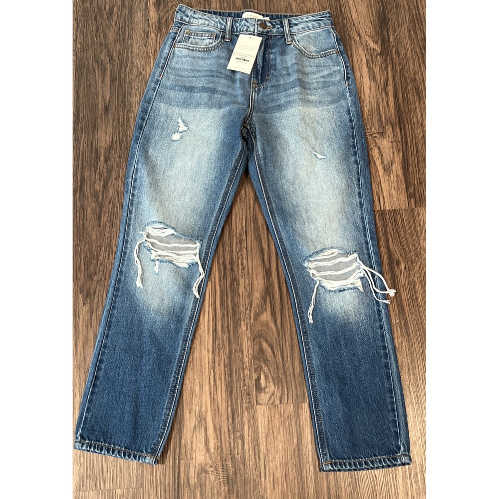 Böhme Retropolitan Mom Jeans In Medium Wash Distressed 100% Cotton High Rise 25